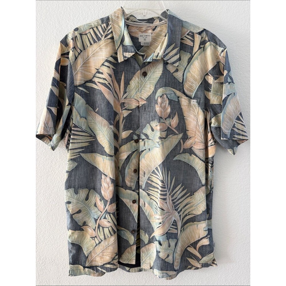 Jack O’Neill Hawaiian Shirt Large Charcoal Gray Tan Monstera Tropical Palm